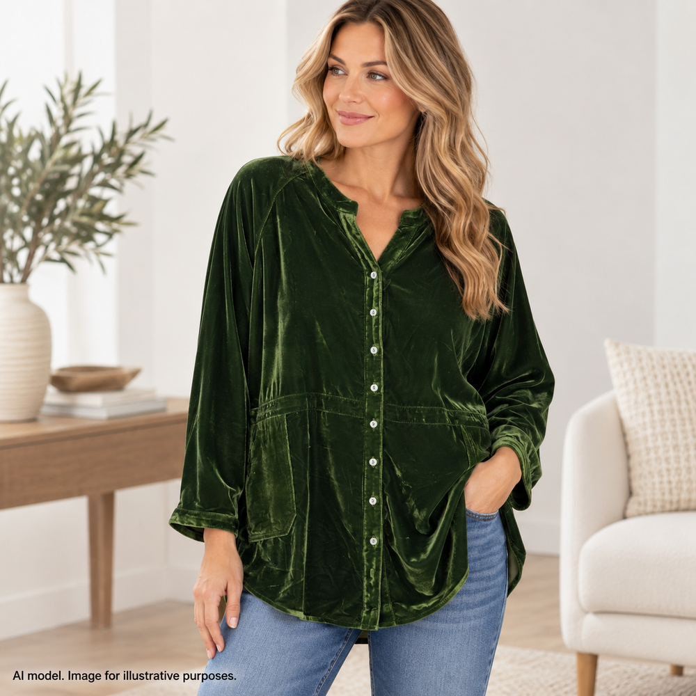 Natural Life Tunic Top Womens XL Green Velvet Button Front Long Sleeve Pockets